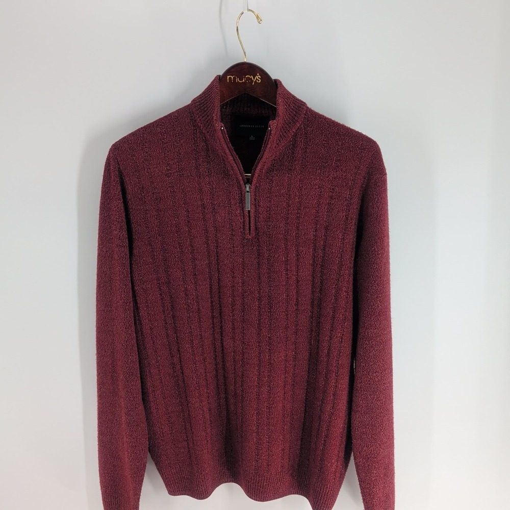Geoffrey Beene Quarter Zip Stand Collared Ribbed Pullover Sweater‎ Maroon Size L